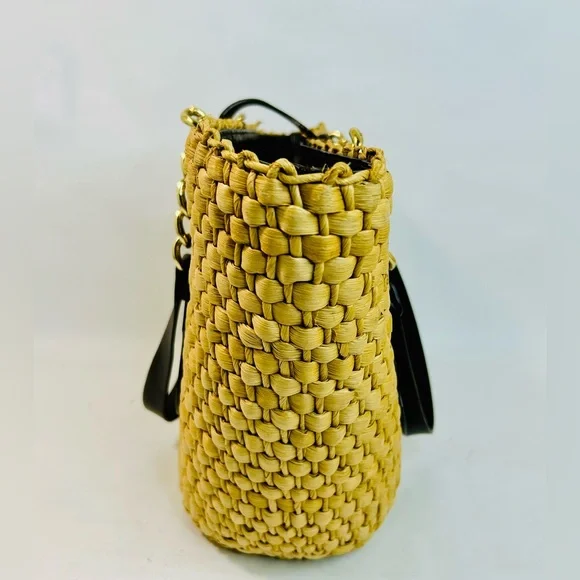 Michael Kors Santorini Raffia Woven Handbag Tote, Brown Leather/Gold Chain Strap - Picture 5 of 15